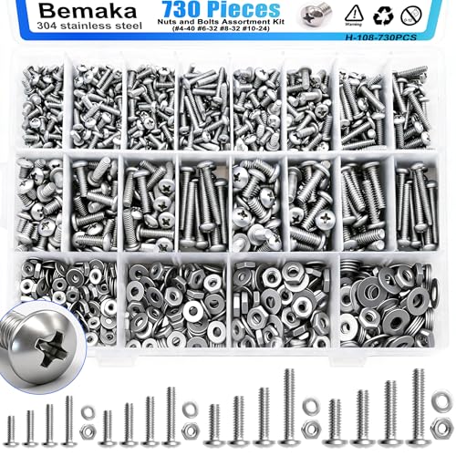 730Pcs Machine Screws Nuts and Bolts Assortment Kit, 304 Stainless Steel Bolts 16 Sizes #4-40#6-32#8-32#10-24 Phillips Pan Head Hardware Screws + 408PCS Machine Screws Nuts and Bolts Assortment