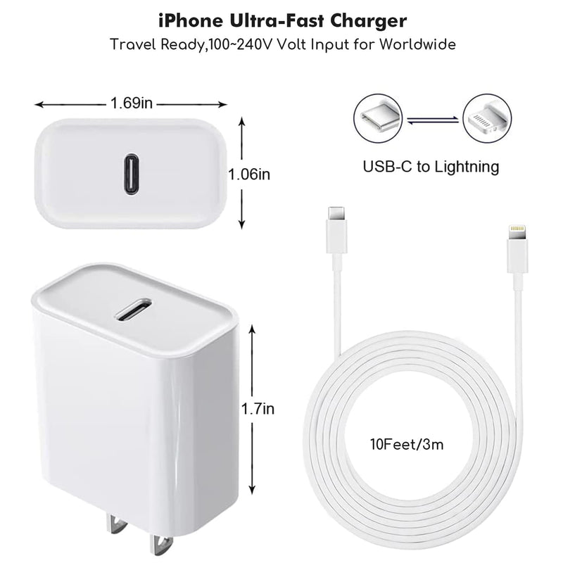 Extra Long 10FT Apple Fast Charger,[Apple MFi Certified]2Pack Fast iPhone Charger Travel Plug Adapter 20W Super Quick USB C Wall Block 10Foot Lightning Cable Cord for iPhone 14/13/12/11/8/X/XR/SE/iPad 2Pack(10FT C-L) 2