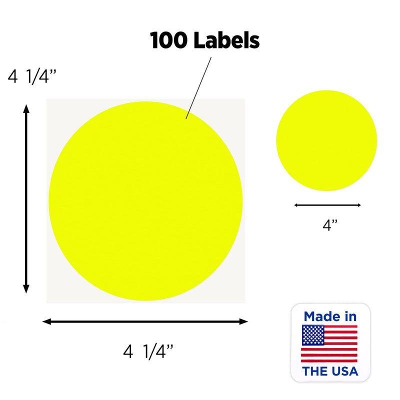 ChromaLabel 4 Inch Round Label Removable Color Code Dot Stickers, High Visibility for Warehouse Inventory, 100 Labels per Pack, Fluorescent Yellow