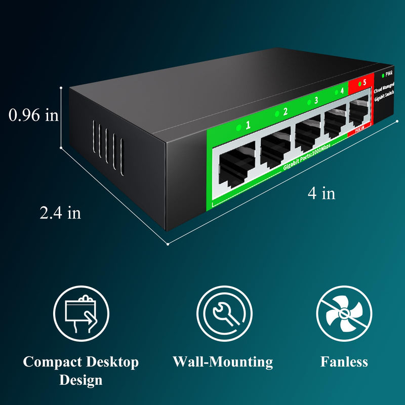 STEAMEMO 5-Port Gigabit Ethernet Switch | Smart Managed with VLAN/QoS | Plug & Play Desktop/Wall-Mount Network Hub w/ PoE in Design | Sturdy Metal & Energy-Efficient(Includes Power Adapter) 5 ports |Easy Managed