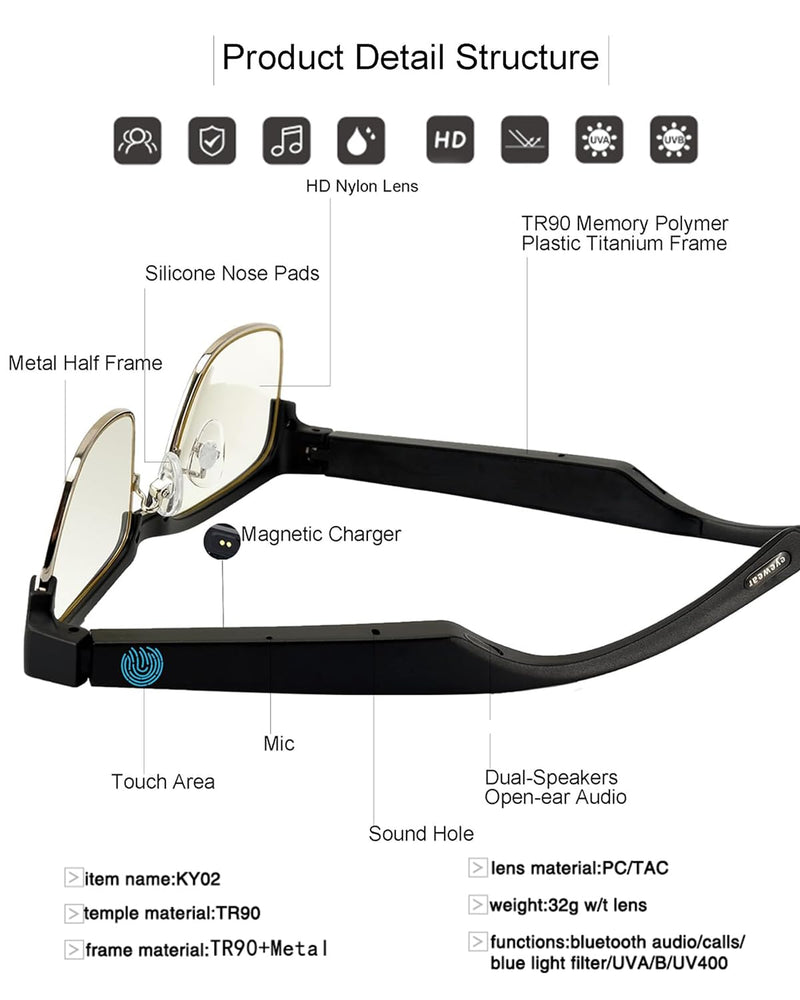 Smart Glasses, Bluetooth Sunglasses for Men Women- Blue Light Filter & UV Protection Sunglasses Lenses with Bluetooth Speakers, Touch&Voice control, Open Ear Music & HD Calling (Black Silver)