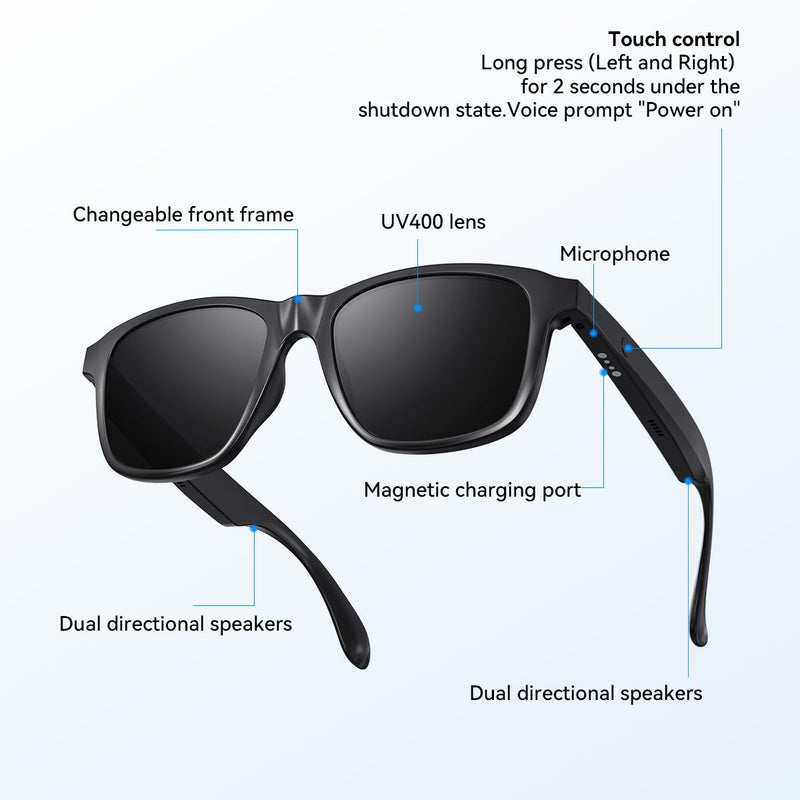 Smart Glasses for Men & Women, Bluetooth Sunglasses Audio Eyewear, Built-in Mic & Speakers, Athletic/Outdoor UV Protection Music SunGlass lenses Unisex
