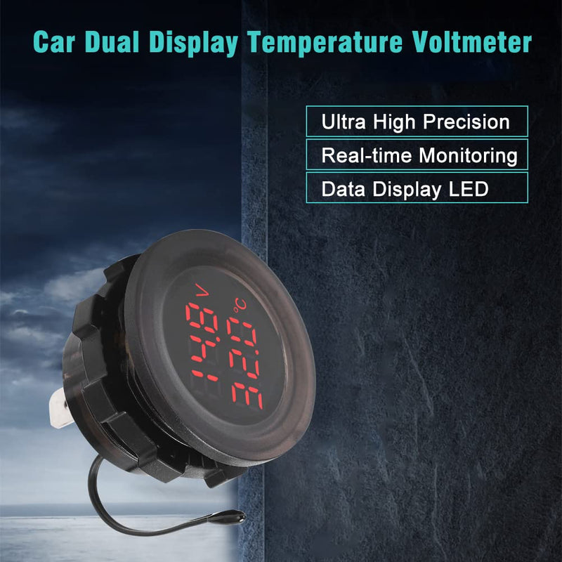 Car Thermometer Gauge, 12V‑24V Dual Display Car Temperature Thermometer Waterproof Digital Car Voltmeter Temperature Monitor Thermometer Detector