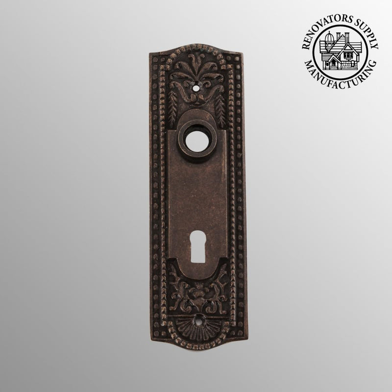 Renovators Supply Manufacturing™ Antique Brass Solid Brass Door Escutcheon Keyhole Cover Plate – Victorian Beaded Backplate for Knobs (7¼" H x 2¼" W)