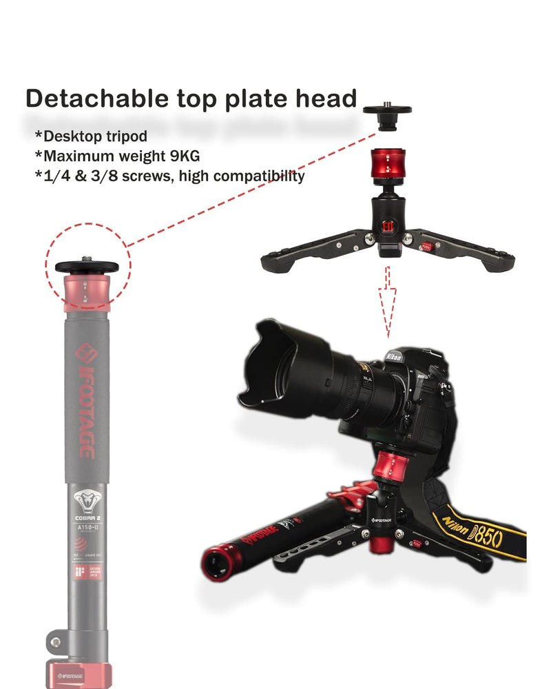 IFOOTAGE Cobra 3 Monopod Base,10" Desktop Mini Tripod,Small Camera Tripod for,Monitor,Phone Holder Clip,Mini Ball Head,LED Flash,1/4"&3/8" Automatic Switching Screw,Load up to 17.64lb/8kg Standard Base Version