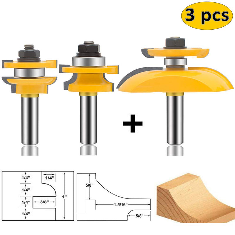 OLETBE 3 PCS Router Bit Set, 1/2-Inch Shank Round Over Cove Raised Panel Cabinet Door Rail and Stile Router Bits, Woodworking Wood Cutter, Wood Carbide Groove Tongue Migue Milling Tool(T-VB1) T-VB1