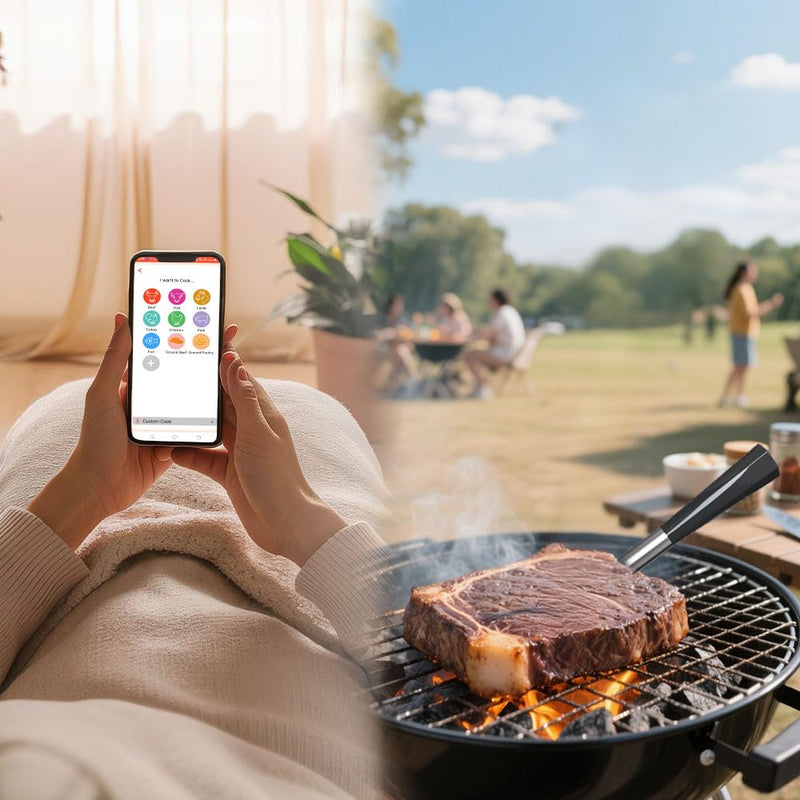 Smart Meat Thermometer-Smart Meat Thermometer Wireless - App Monitoring, Ambient Temperature Sensor, Alarm Reminders, 820-Foot Range, Suitable for Smokers, Barbecues, Turkeys, Beef, and Cooking