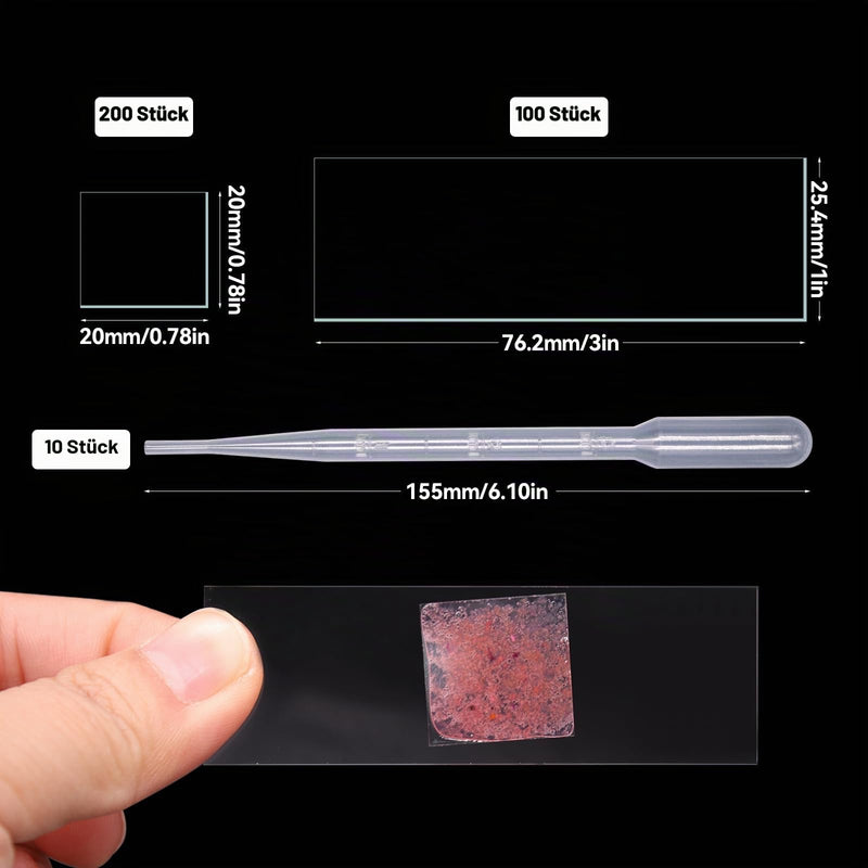 Pack of 100 Pre-Cleaned Microscope Slides 76.2 x 25.4 mm and 200 Cover Glasses Microscope 20 x 20 mm with 10 Pipette 3 ml Laboratory Biology Science Study Accessories