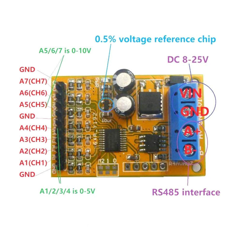 Fafeicy 8-24V 10-15MA Voltage Analog Collector, R4AVA07 7-Channel RS485, ADC Modbus RTU 03 06 Function Code, 45x30x15mm