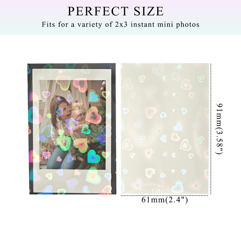 2x3 Mini Photo Card Sleeves, 100pcs Clear Photo Cover Holders fits for Polaroid Instax Mini Films/Kpop/Credit Cards, 61x91mm 200 Microns Photo Sleeves with Shiny Hearts Colorful Hearts 2"x3"