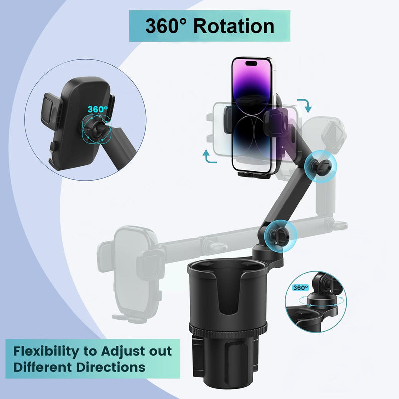 Car Cup-Holder Phone-Mount with Long Arm - 2 in 1 Adjustable Cup Holder Expander with Rubber and Expandable Base for 8-32oz Bottle, Cell Phone Stand Holder Friendly Fit iPhone & All Mobile Smartphones Large
