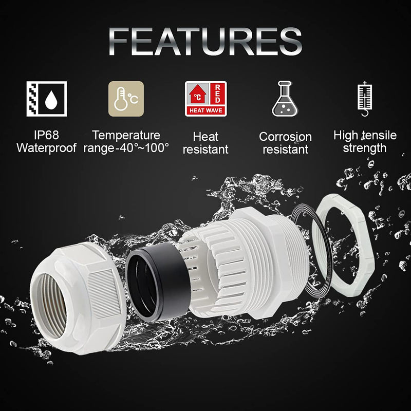 LeMotech 50 Pack NPT 1/2" Cable Glands Waterproof Adjustable 6-12mm Cable Connectors Grey Nylon Joints with Gaskets 1/2inch 50-pack Gray