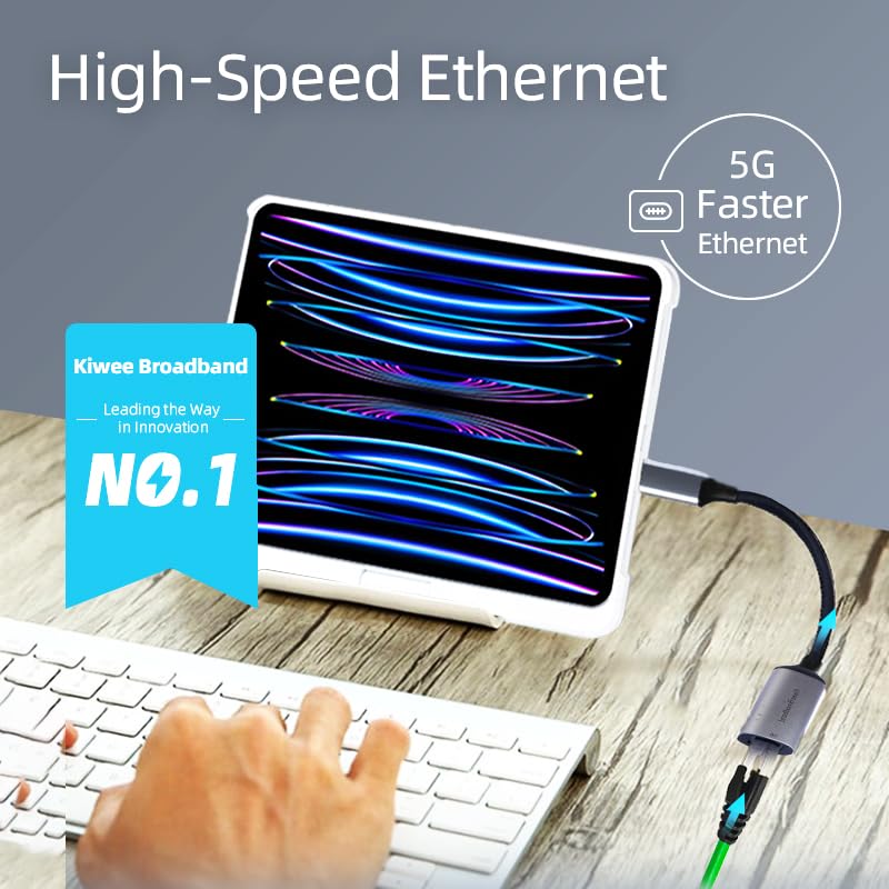 Kiwee Broadband USB C to Ethernet Adapter 5Gbps, Aluminum Thunderbolt 4/3, RJ45 LAN Network, Plug and Play, For MacBook Air/Pro, Dell XPS, iPhone 15, NAS, Windows Laptop, Chromebook, iPad Pro, Surface