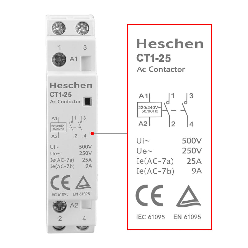 Heschen CT1-25 Household AC Contactor 2-Pole Open 220 V / 230 V Coil Voltage 35 mm DIN Rail Mount 230VAC 2NO 2P 1