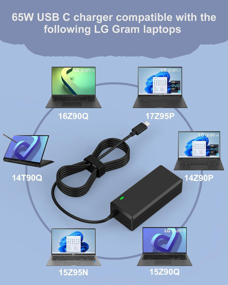 PD 65W Fast USB C Laptop Charger Compatible with LG Gram Laptop 17" 16" 15" 14" Series Power Adapter.