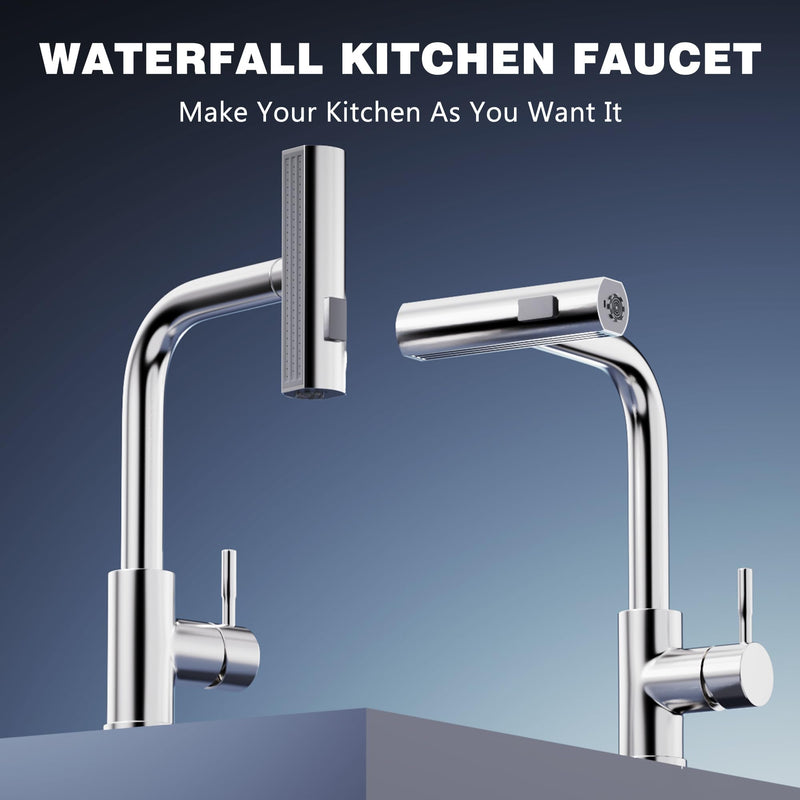 GIMILI Kitchen Faucet with Pull Down Sprayer Brushed Nickel Waterfall Modern Kitchen Sink Faucet Classic