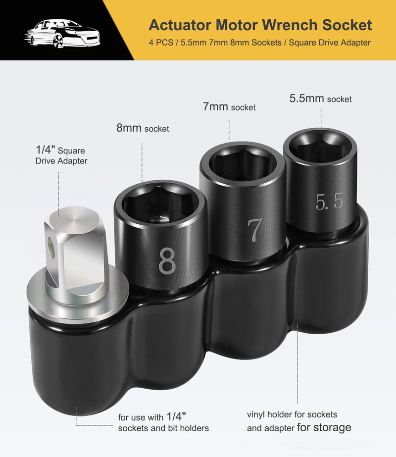 Yoursme 64180 Actuator Motor Tool Set Includes 5.5mm 7mm 8mm Socket and 1/4" Square Drive Adapter 5 pc
