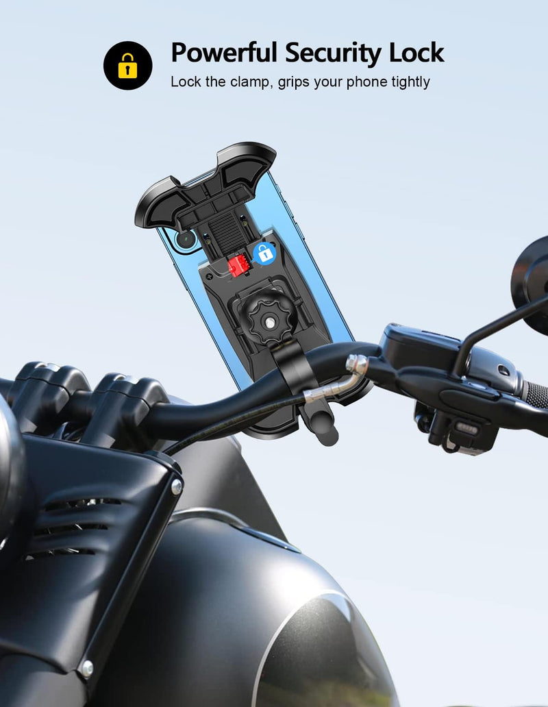 Motorcycle Phone Mount, Upgrade [Never Fall Off] [0 Shake] Bike Phone Mount, [3s Put & Take] 360° Rotatable Phone Holder for Motorcycle Bike Bicycle Scooter Compatible with Cellphones 4.7-6.8”