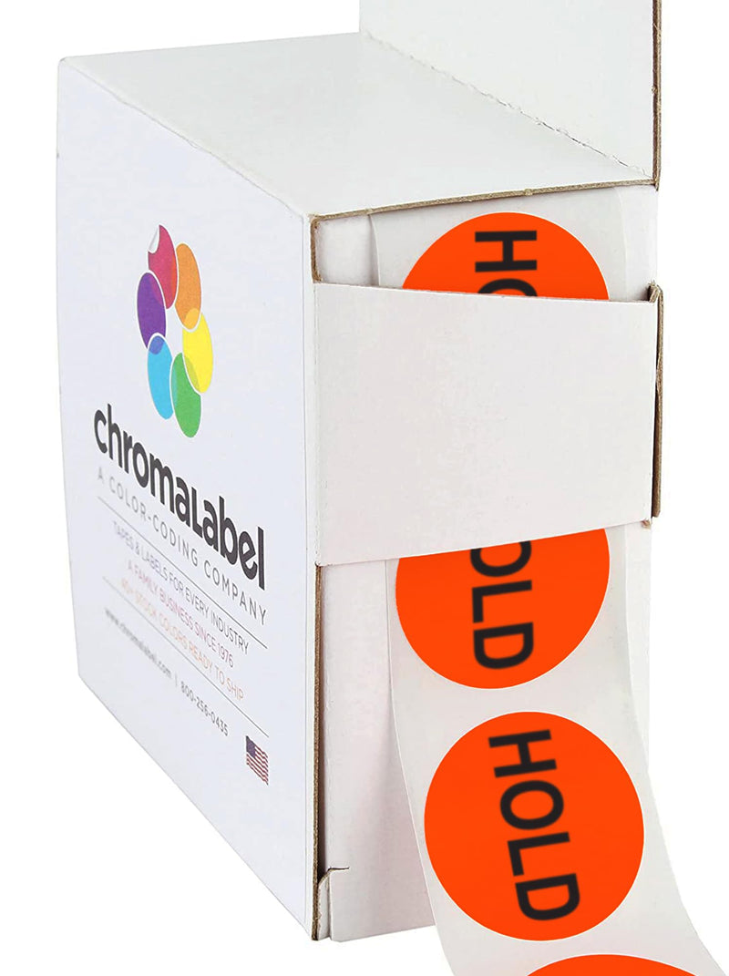 ChromaLabel 1 Inch Round Labels, 500 Labels per Dispenser Box, High Visibility for Warehouse Inventory, Fluorescent Red-Orange, Imprinted: Hold