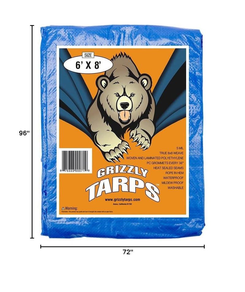 Grizzly Tarps by B-Air 6' x 8' Large Multi-Purpose Waterproof Heavy Duty Poly Tarp with Grommets Every 36", 8x8 Weave, 5 Mil Thick, for Home, Boats, Cars, Camping, Protective Cover, Blue 6' x 8'