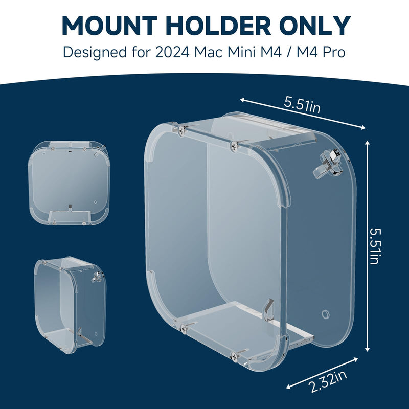 Clear Acrylic Wall/Under Desk Mount for Mac mini M4 / M4 Pro 2024 - Mac mini M4 Stand Holder with Easy Power Button Access (Holder Only)