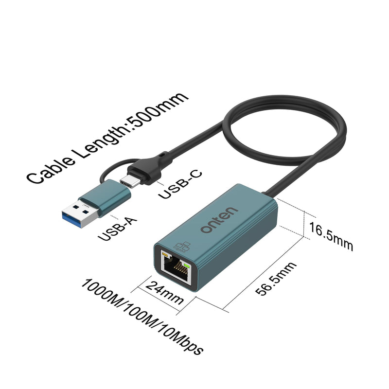 Onten USB-A and USB-C to Ethernet Adapter,Driver Free RJ45 to USB C or USB A, Gigabit Ethernet LAN Network Adapter for Windows,Mac OS, iOS and More