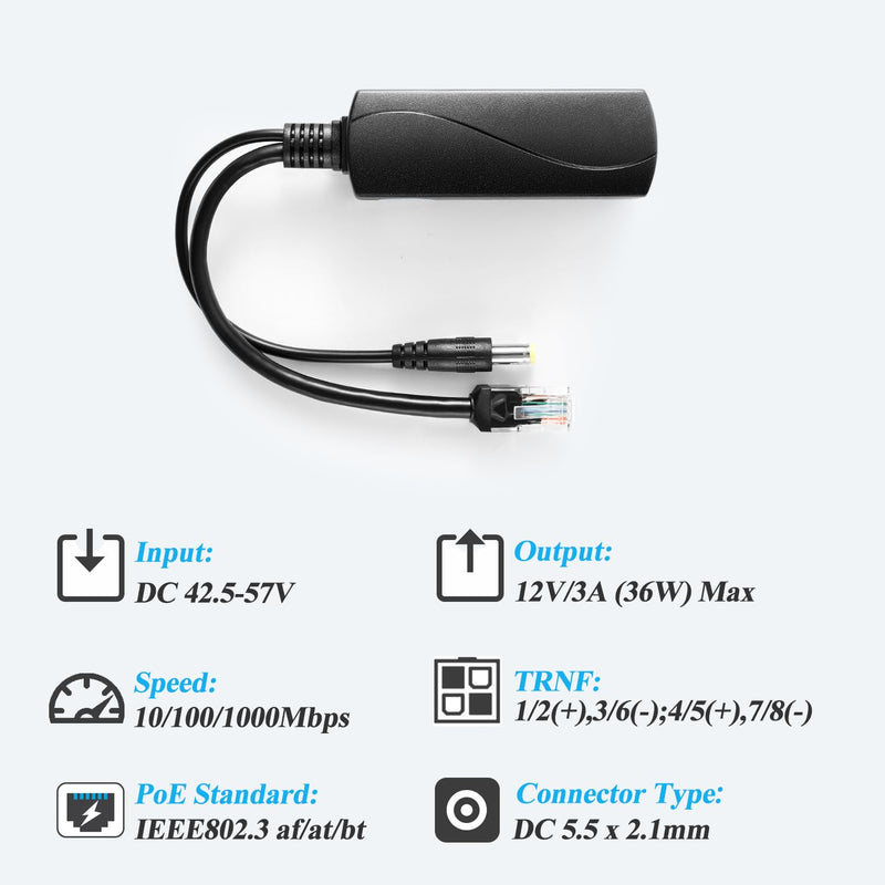 PoE Splitter Gigabit 36W 12V/3A, DC 5.5 * 2.1mm Plug PoE to DC 12V/3A Output, Gigabit Ethernet Comply IEEE802.3bt, Plug and Play (PS5712BG) 5.5 x 2.1mm (PS5712BG)