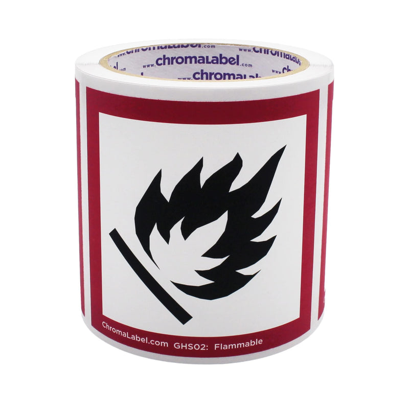 ChromaLabel 4 by 4 Permanent Durable Square D.O.T. Hazard Labels, GHS02: Flammable Pictogram Label, 100/Roll 4" x 4" GHS02 - Flammable