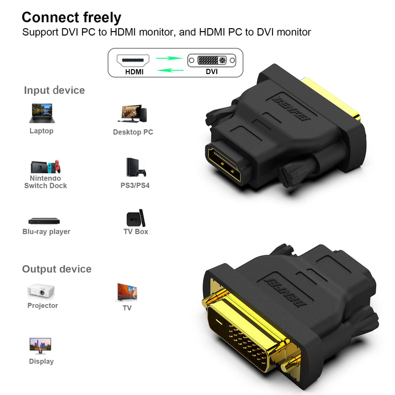 BENFEI DVI to HDMI, Bidirectional DVI (DVI-D) to HDMI Male to Female Adapter with Gold-Plated Cord 4 Pack Adapter DVI M to HDMI F