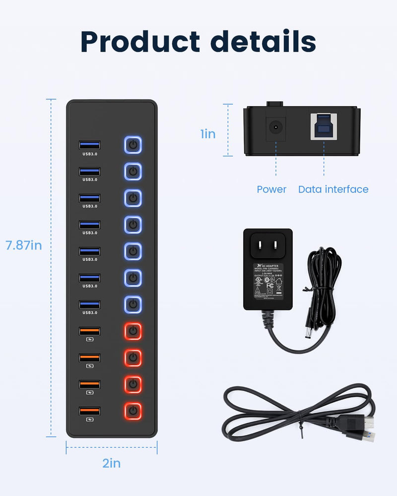 Powered USB hub,USB hub，11-Port hub Splitter (7 USB 3.0 Data Transfer Ports + 4 Smart Charging Port), Independent Switch (with LED Working Indicator) USB 3.0 Hub Powered with Power Adapter for Mac/PC