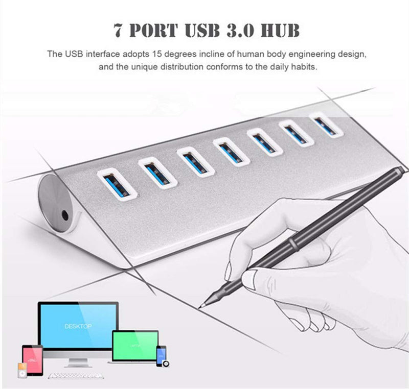 USB Hub,Aluminum 7-Port Compact Portable Super Speed USB 3.0 Data Hub for iMac MacBook PC Laptop