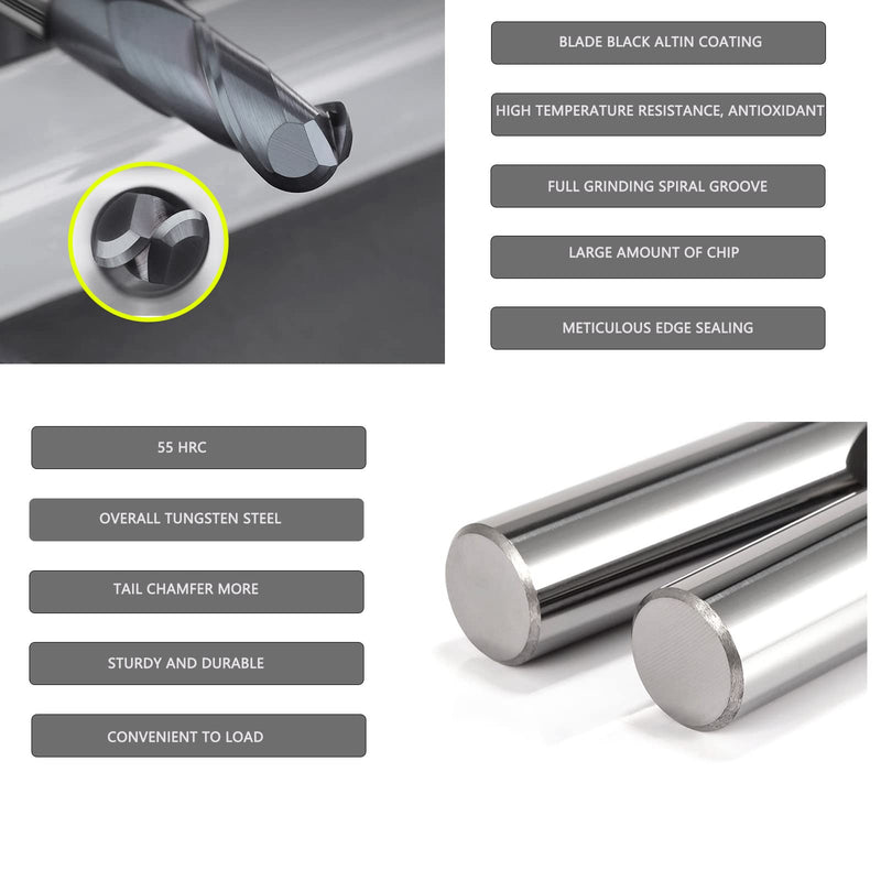 CREEYA 2 pieces carbide ball nose cutter 3 mm, 2 teeth/2 cutting CNC ball cutter, HRC 55, AlTiN black coating, solid carbide radius cutter 3 mm for steel, metal, wood, acrylic, plastic (Ø 3 mm) 3 mm - 2 pieces