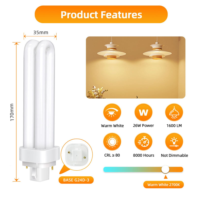 Pack of 2 G24d-3 2-Pin PLC Tube Lamps 26 W, Warm White Light 2700 K, 1600 LM, 2U Double Tube, Highly Efficient Fluorescent Lamp with Low Consumption, Suitable for Kitchen, Dining Room, Office