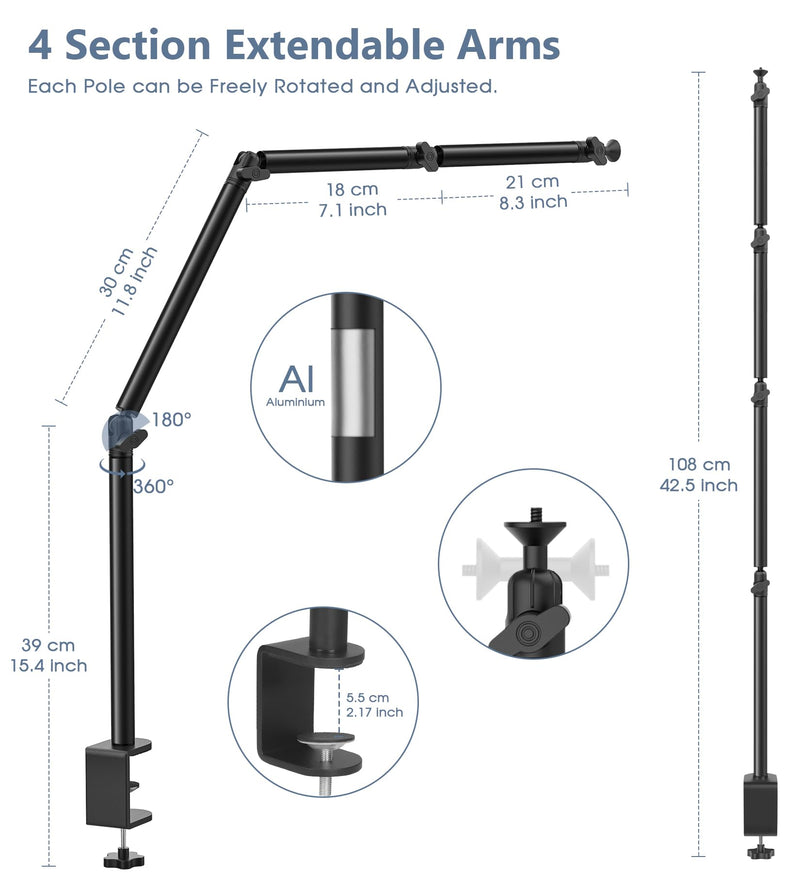 Overhead Camera Mount Desk Stand, Flexible Overhead Camera Mount with 3/8'' 5/8'' Screw, C Clamp Tabletop Stand for Podcasting/Ring Light/Blue Yeti Nano/Webcam/Photography Live Stream Auxiliary Stand