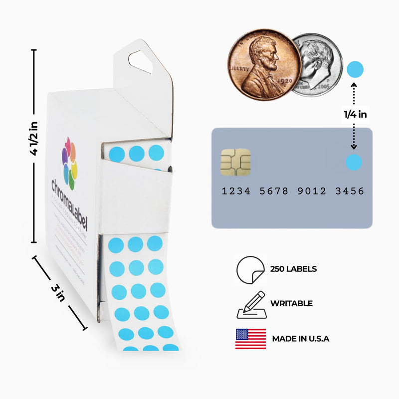 ChromaLabel 0.25 inch Round Label Permanent Color Code Dot Stickers, 250 Labels per Dispenser Box, Light Blue 1/4" Diameter