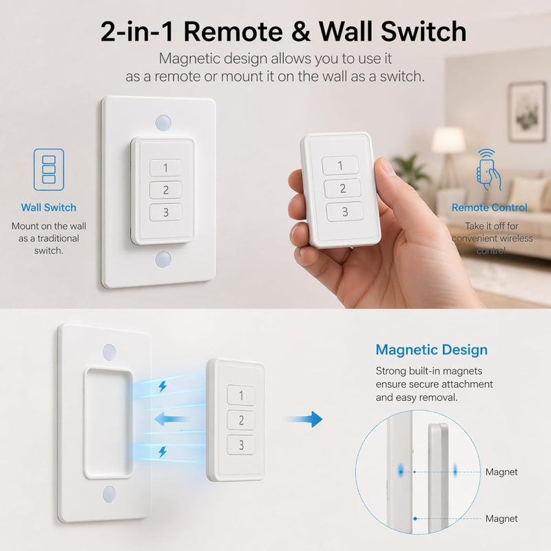 Remote Control Outlet: Wireless Light Switch with Wall Plate — Long Range — Plug in On Off Switch for Lights & Small Appliances — 1 Remote for 3 Outlets — no Wiring 3 Pack Slim Oval 15A Outlet