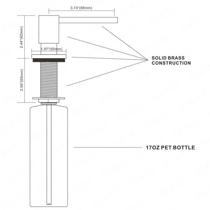 All Brass Built in Soap Dispenser for Kitchen Brushed Nickel Deck Mounted Sink soapdispenser with 17OZ Above The Counter Refillable PET Bottle Brass Pump Head Dish Soap Dispenser