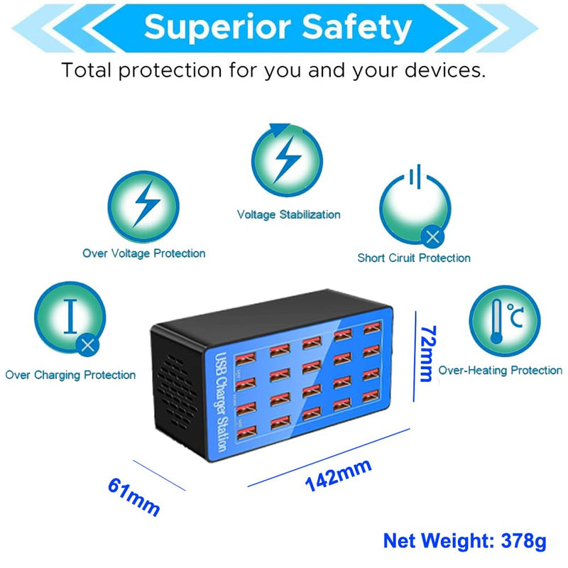 USB Charger Station,20-Port 100W/20A Multiple USB Charging Station,Multi Ports USB Charger Charging for Smartphones，Tablets，and Other USB Devices. LIght blue-20 port