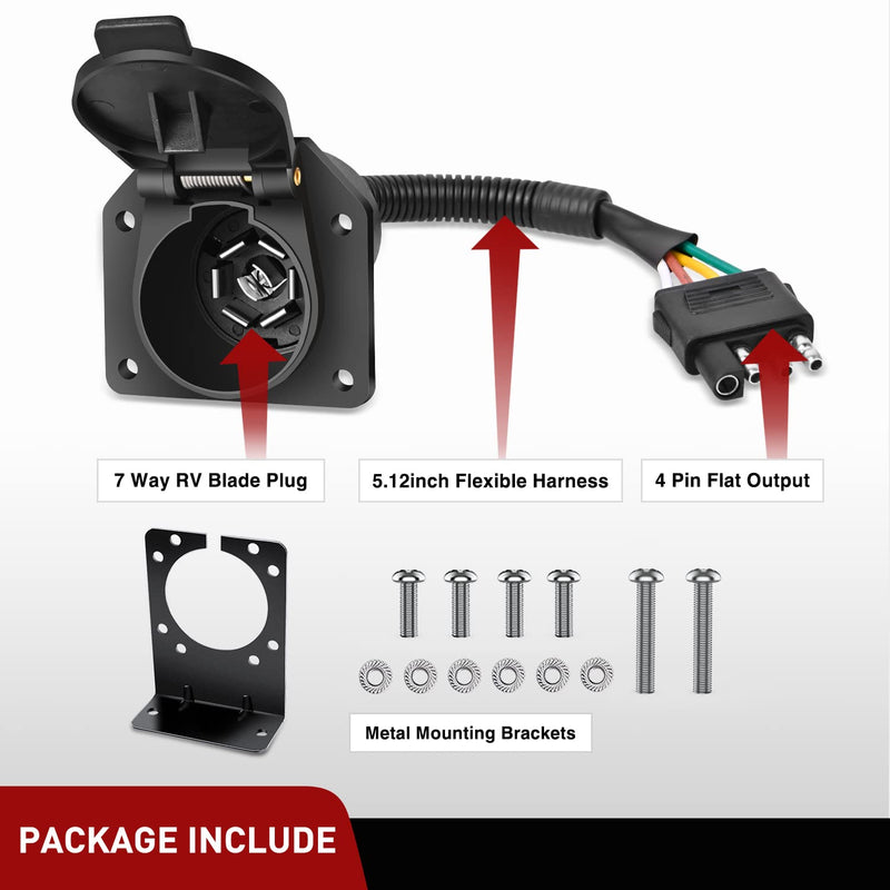 Nilight 4 Way Flat to 7 Way Round Blade Trailer Adapter Wiring Harness 4 Pin to 7 Pin Electrical Connector Wiring Plug Connector with Mounting Bracket for RV Truck Factory Tow Package 4Way to 7Way Adapter
