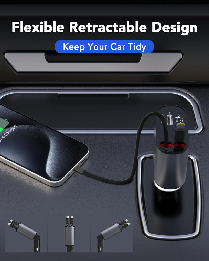 Retractable Car Charger, 4 in 1 Fast Car Phone Charger 66W, 2 Retractable Cables and USB Car Charger,Compatible with iPhone 15/14/13/12/11,Galaxy,Pixel