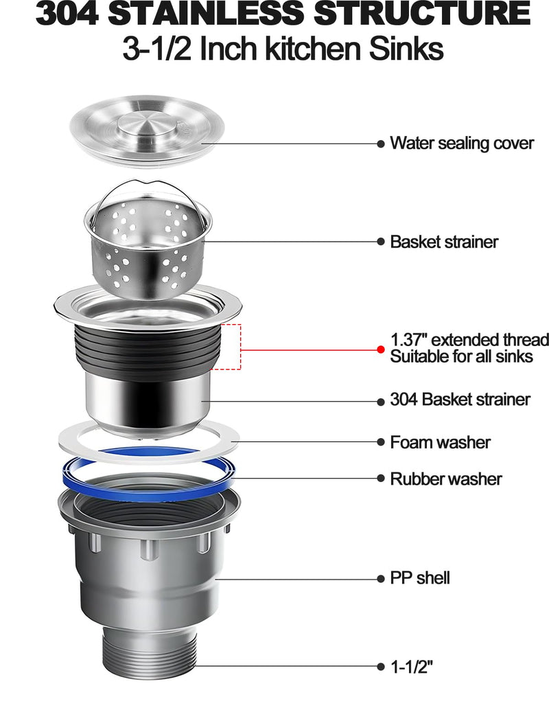 Single Sink Kitchen Drainage Kit Space Saving Flexible Drain Pipe Flexible P-Trap Drain Strainer with 3-1/2 Inch Kitchen Sink Drain Assembly Kit One sink drain kit Gray
