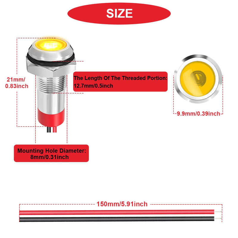 Pack of 5 Waterproof 8 mm LED Indicator Light Metal with 12-24 V DC in Red/Yellow/Blue/Green/White and 150 mm Cable Length Metal LED Indicator Light and Cable Cap for Trucks Boats