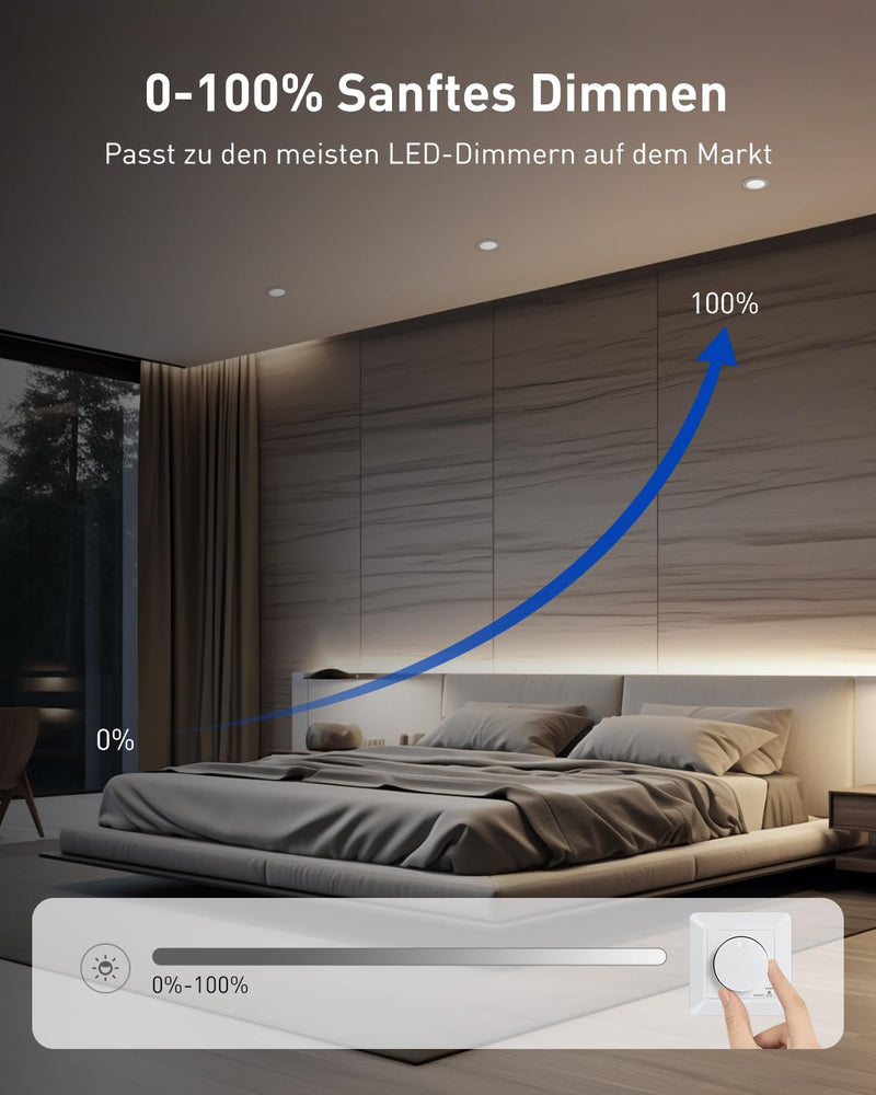 Leselux LED recessed spotlights 230V dimmable, 10x IP44 5W LED spots continuously dimmable 4000K neutral white 450LM, ceiling spots white ultra flat 30mm, recessed spots 68mm for kitchen, living room, loft, bathroom, continuously dimmable / LED dimmer