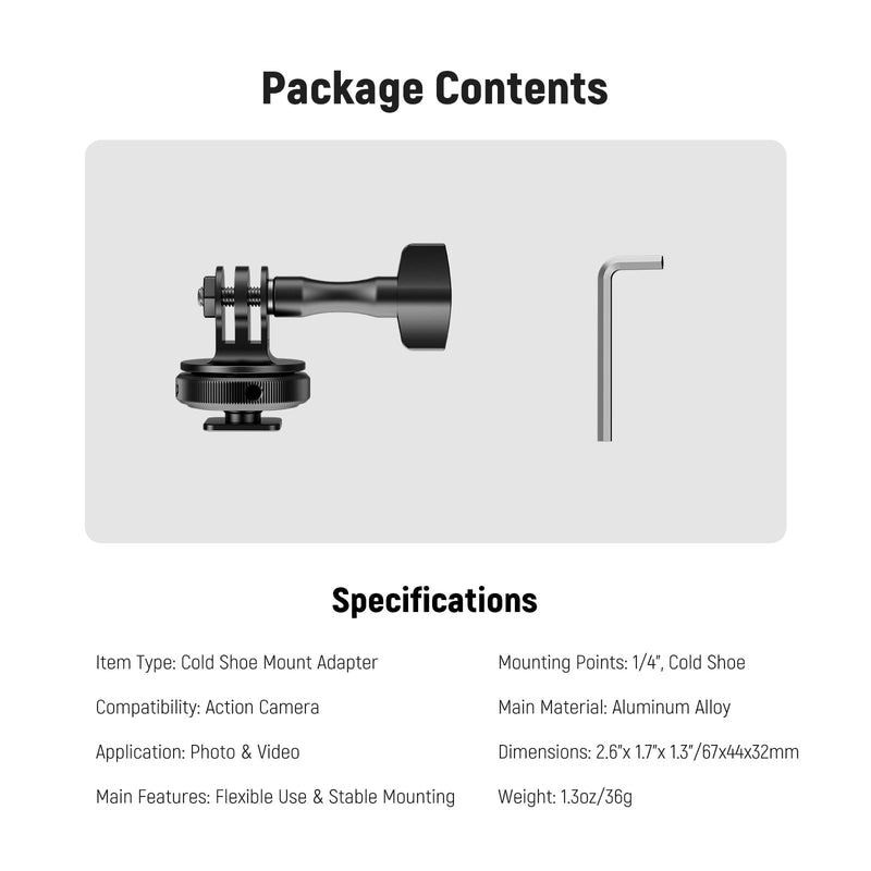 NEEWER Action Camera Cold Shoe Mount Adapter Compatible with GoPro Accessories Go Pro DJI Insta360 AKASO, Metal 1/4" Thread Hot Shoe Mount for Mini Tripod Selfie Stick, 180° Tilt, GP-63