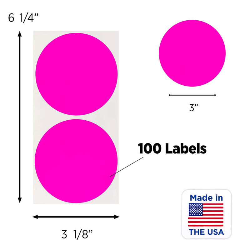 ChromaLabel 3 Inch Round Label Permanent Color Code Dot Stickers, High Visibility for Warehouse Inventory, 100 Labels per Pack, Fluorescent Pink