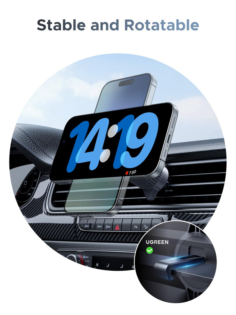 UGREEN 25W MagFlow Wireless Car Charger, MagSafe Qi2 Certified Fast Charging Cradle Mount for iPhone 17/16/15/14/13/12 Series, Air Vent Clip Secure Holder with USB-C Cable