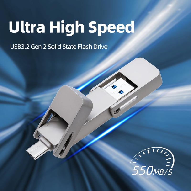 USB Drive 128GB External SSD,USB 3.2 Gen 2 A+C Dual Port Portable SSD,Up to 550MB/s for Data Storage, External Solid State Hard Drive for iPhone 15/16 /Android/PC/Mac/Laptop 1 silvery
