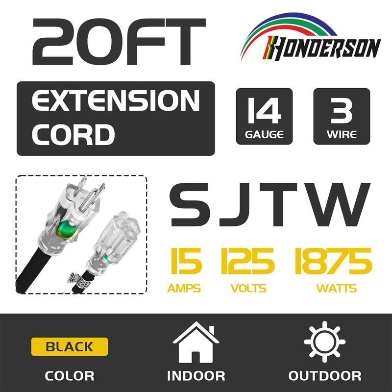 Indoor Outdoor Extension Cord Weatherproof with Lighted End, UL Certified, 14 Gauge 20FT Black 3 Prong Heavy Duty, 14/3 SJTW 15A Power Cord for Outdoor Lights, Lawn