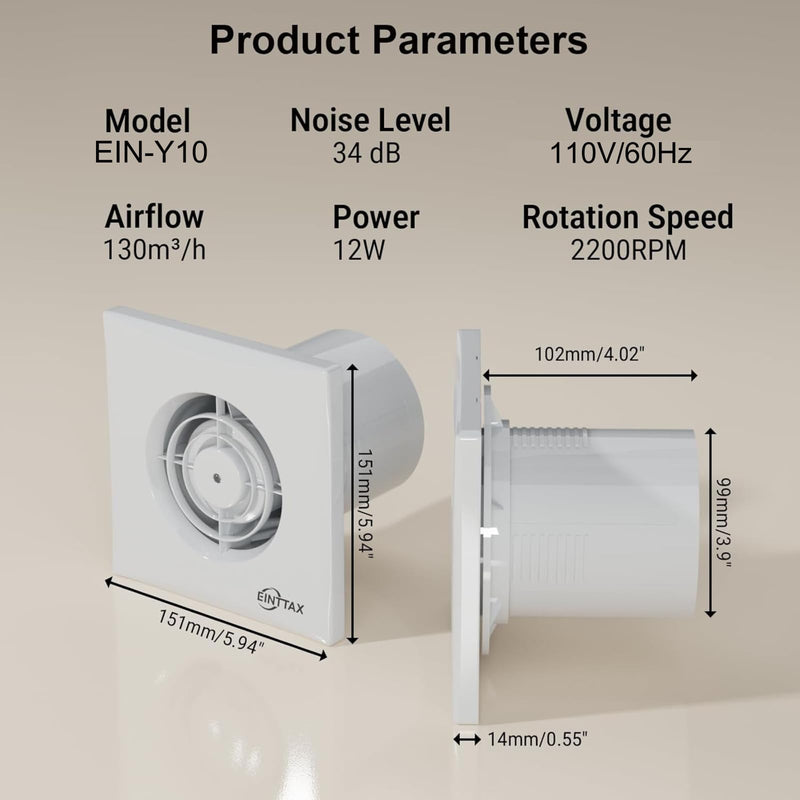 4 Inch Bathroom Exhaust Fan, 130m³/h Quiet Ventilation Extractor with Check Valve, Wall/Window Mount Bathroom Exhaust Fan for Kitchen, Garage, Office, Shop, 12W, 34 dB, White Non-insertion