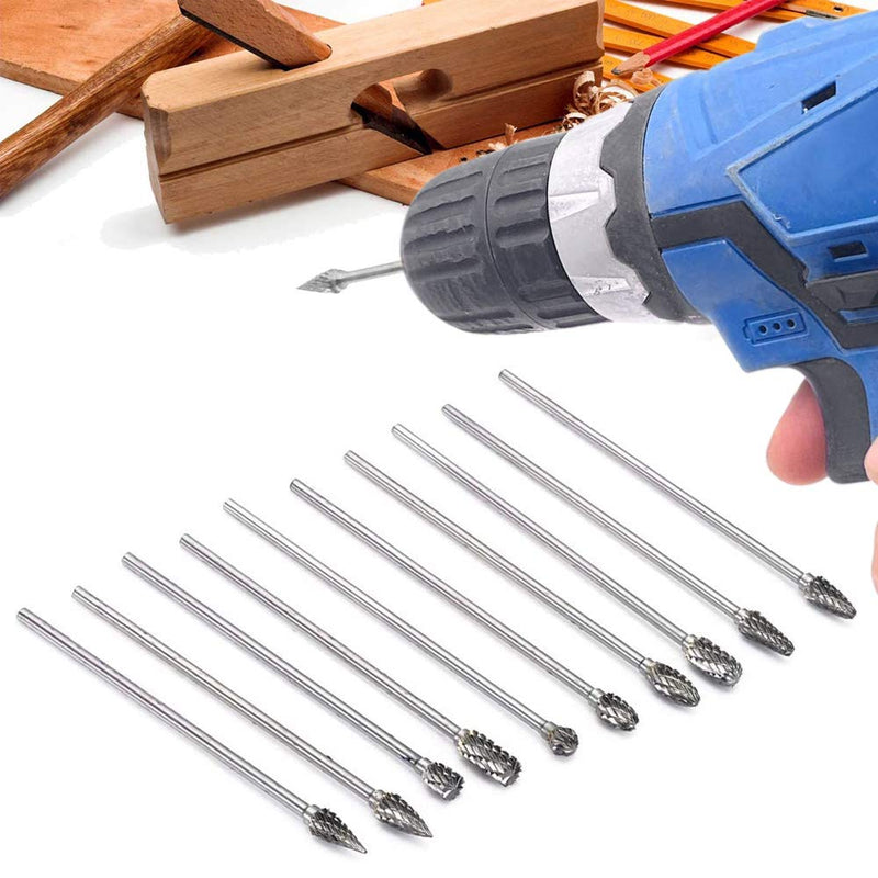 Mesee 10 Piece Rotary Burr Set, Tungsten Steel Burr, Rasp Set, Carbide Burr, Woodworking Grinding Head, Rotary Tool Tungsten Steel Grinder for Carving, Engraving, Drilling, 100 mm